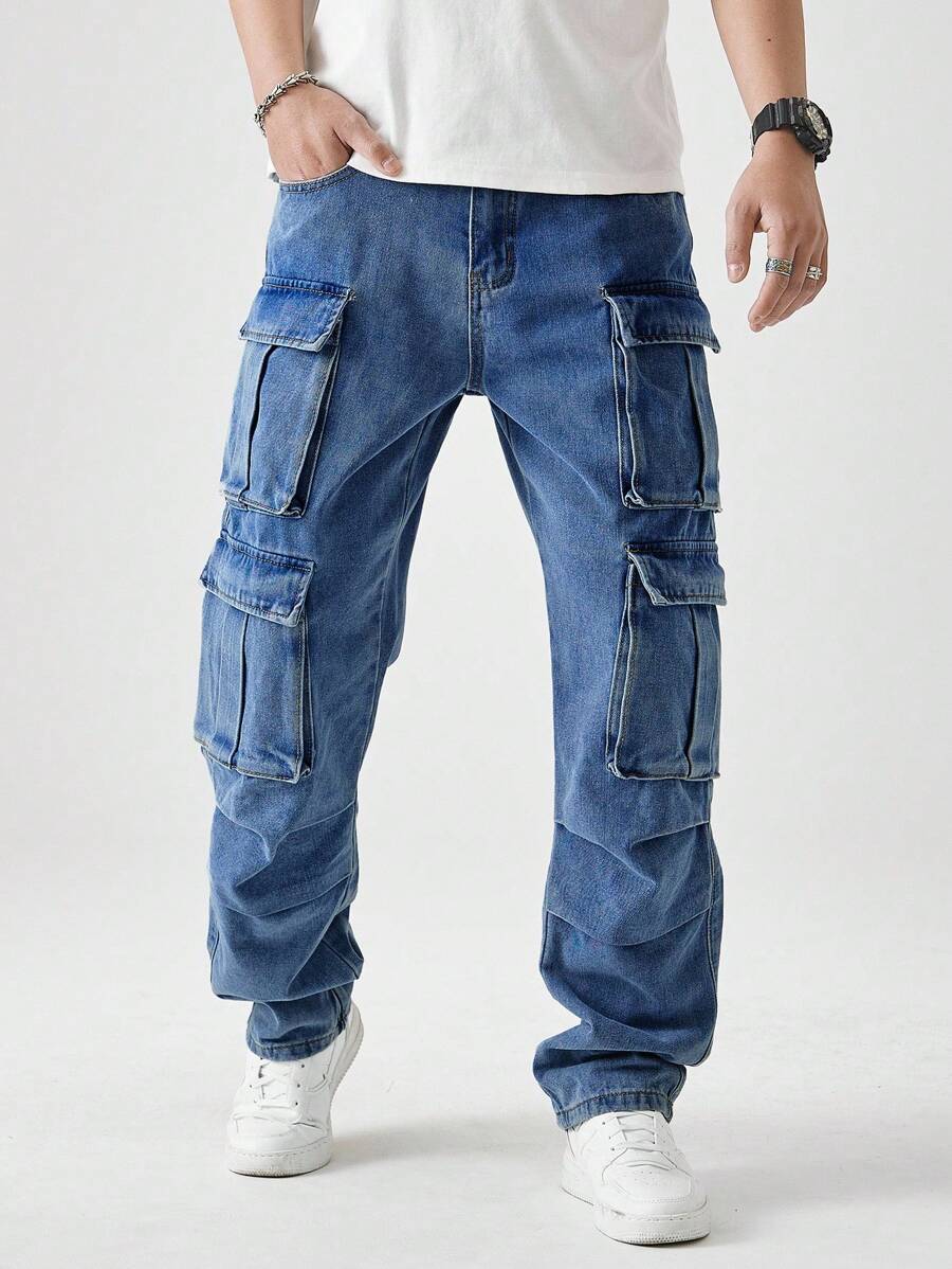 Chillumni Stylish Men's Casual Denim Cargo Jeans. These Long Light Wash Baggy Fit Wide Leg Pants Offer Ultimate Comfort And Ample Storage For Everyday Outings. - Light Wash - View 1
