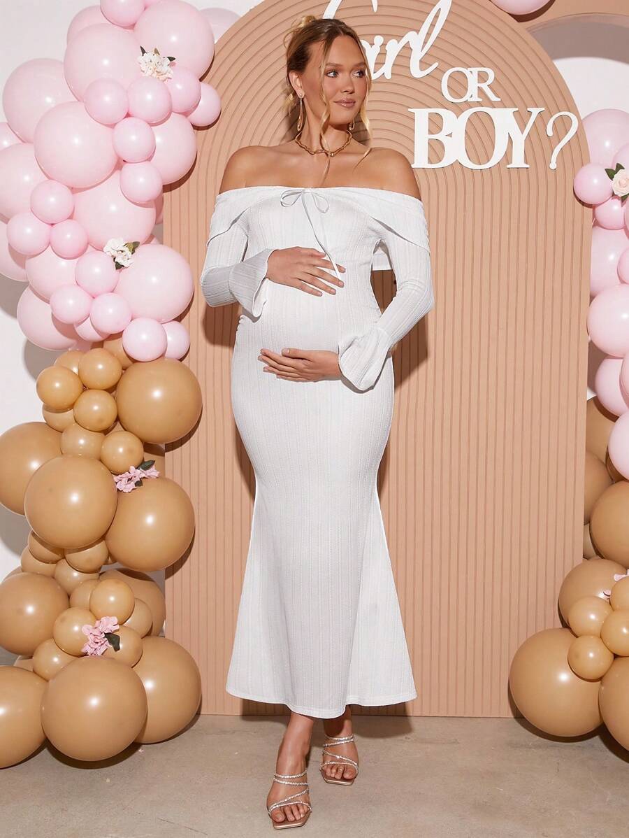 Loomaby Pregnant Women's Solid Color Off-Shoulder Tied Front Flare Sleeve Fishtail Hem Elegant Dress,Gender Reveal Dress,Maternity Dress,Baby Shower Dress