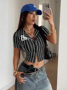 StreetHx Áo sơ mi tay ngắn in chữ kẻ sọc giản dị phong cách đường phố dành cho nữ - màu đen - Xem 6