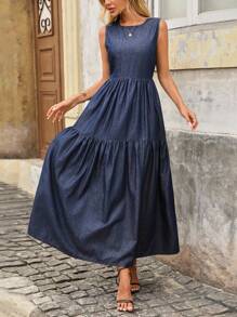 EMERY ROSE 女式休闲无袖牛仔长裙，带荷叶边下摆，夏季 - 深色水洗藍 - 查看 5