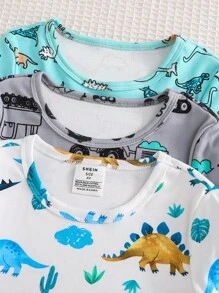 6 件套男童舒适睡衣，卡通太空和海洋动物印花长袖 T 恤和短裤