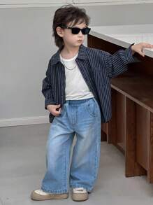 Dazy Kids 男童宽松直筒百搭牛仔裤，适合秋季穿着 - 中等水洗藍 - 查看 6