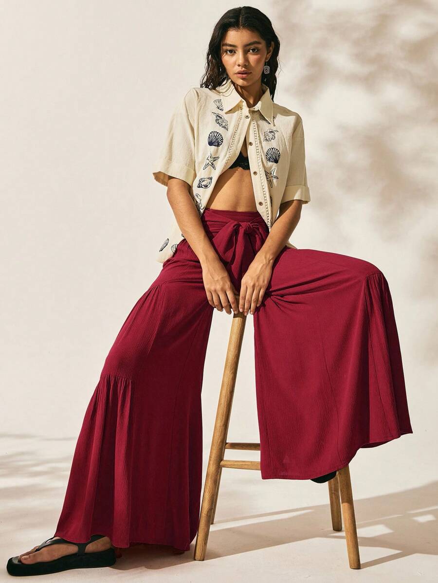 Easelle Boho Women's Clothing Casual Retro Boho Bowknot Wide Leg Pleated Loose And Comfortable Women Long Pants - Red - View 1