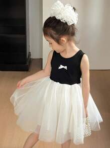 SHEIN Young Girl 少女甜美韩版圆领无袖网眼荷叶边中长连衣裙 - 黑色 - 查看 4