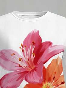 Flower, Holiday, Vacation Print 2pcs Outfit - Loose Short Sleeve T-Shirt And Casual Pants Set For Tween Girls, Summer - Multicolor - View 5