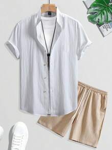 Manfinity RSRT Men's Solid Color Short Sleeve Single-Breasted Shirt And Shorts Casual Suit Men Linen Outfit Summer Wear For Men Men Resort Wear White Beach Outfit For Men Men Linen Shirt And Shorts Set