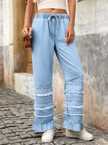 EMERY ROSE Women's Casual Washed Ruffled Wide Leg Jeans - Light Wash - View 4