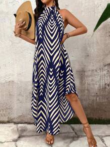 SHEIN LUNE Đầm dài hở lưng kẻ sọc rộng rãi cho nữ, phong cách nghỉ dưỡng - Màu xanh hải quân - Xem 8