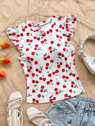 Soleia Camiseta de punto blanco con volantes y costillas "WYWH Vacation"