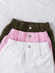SHEIN 女婴口袋破洞毛边休闲牛仔短裤 - 彩色 - 查看 3