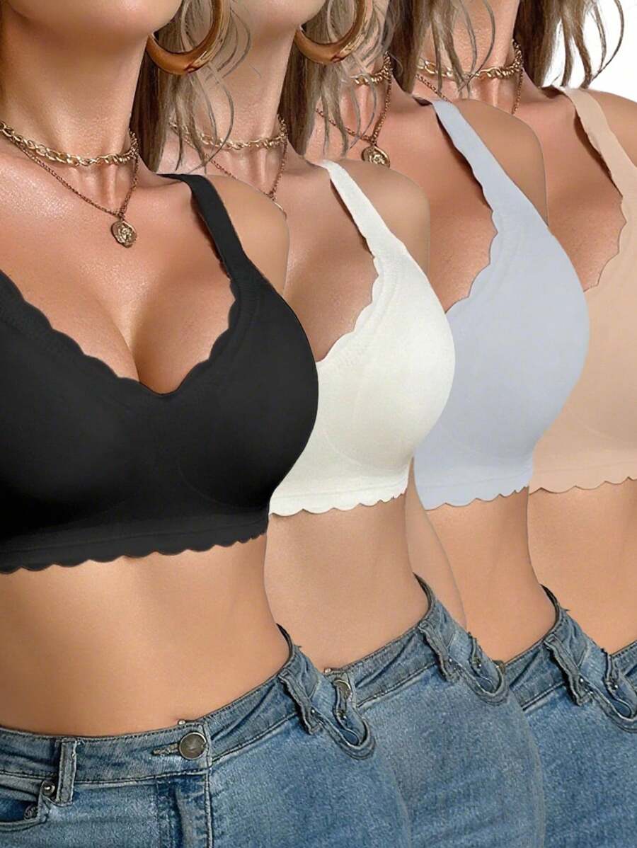 SHEIN Women's Seamless Polyamide Push Up Bralette 4-Pack With Scalloped Edge, Comfortable Wireless Everyday Casual Bras. - Multicolor - View 1