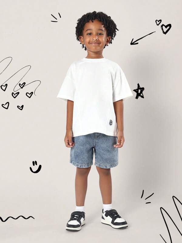 SUMWON Set casual de vară pentru băieți, tricou din bumbac și pantaloni scurți din denim, confort zilnic, ținută streetwear de bază, coordonate pentru copii, purtare zilnică, stil clasic de primăvară