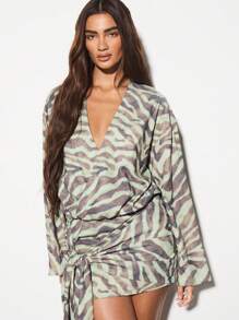 KIZN Long Sleeve Tiger Print Mini Dress Flowing Wrap Design Unique Party Evening Occasion Wear V-Neck Statement Drape Side Detail Resort Vacation Style Elegant Fashion - Green - View 6