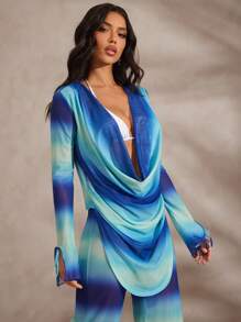 Hauture 女式性感夏季蓝绿色渐变条纹印花低领前开襟长袖沙滩装上衣 - 彩色 - 查看 2