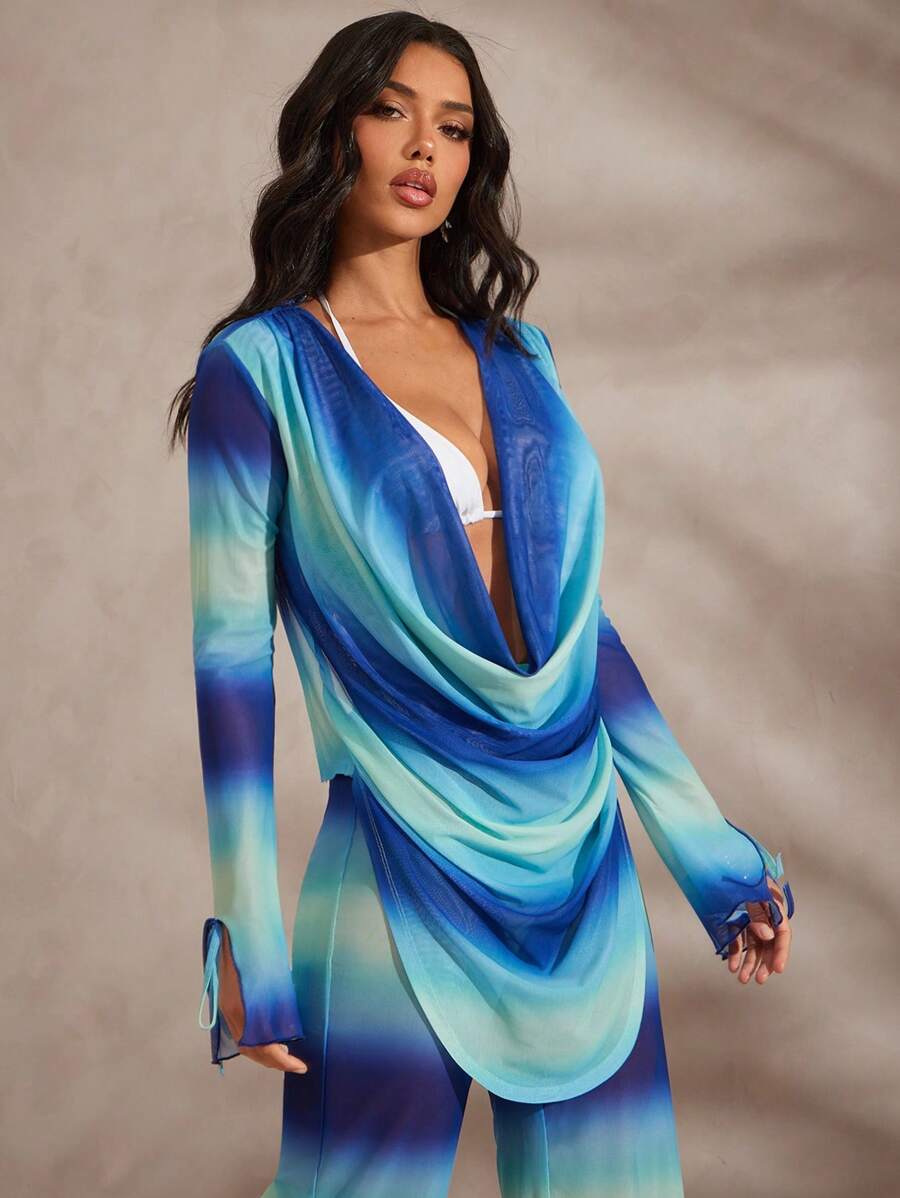 Hauture 女式性感夏季蓝绿色渐变条纹印花低领前开襟长袖沙滩装上衣