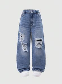 SHEIN 少女休闲百搭破洞水洗牛仔裤，Y2K风格——复古做旧浅色水洗，破洞磨边，宽松版型，面料柔软舒适，时尚百搭，休闲阔腿牛仔裤，适合度假、旅行、日常穿着，适合返校季和秋冬季穿着。 - 中等水洗藍 - 查看 1