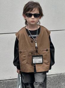 Dazy Kids 秋季幼儿男童无袖宽松休闲背心夹克 - 棕色 - 查看 3