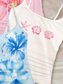 SHEIN 3pcs/Set Tween Girls Tropical Floral & Beach Themed Fitted Camisole Tops, White, Light Pink, Light Blue Tween Girls Tank Tops Girls Summer Tank Tops Cute Summer Tops For Girls Cute Girls Beach Tops Tween Tank Tops For Summer, School, Campus, College - Multicolor - View 4