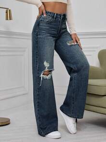 SHEIN ICON Jeans anchos de tiro alto rasgados de color azul denim lavado - azul real - Ver 3