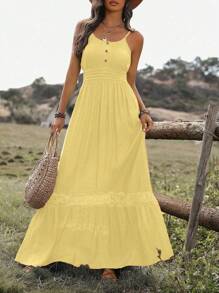 Breezaya 女式夏季撞色蕾丝荷叶边下摆吊带连衣裙、太阳裙长款度假海滩装 - Butter Yellow - 查看 3