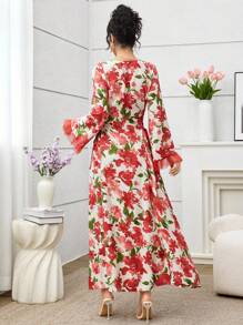 SHEIN Najma Váy thắt eo lưới in họa tiết phong cách Ả Rập cho nữ, mùa xuân/hè - Đỏ - Xem 7