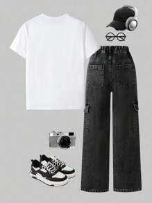 2pcs Boys/Youth/Teenage Boy Outfit: Graphic Print T-Shirt Top + Relaxed Fit Elastic Waist Pockets Black Denim Jeans Pants, Casual Daily Comfortable Spring/Summer/Autumn Set, Y2k Tween Outfit, Boys Cargo Jeans Outfit - Black - View 2