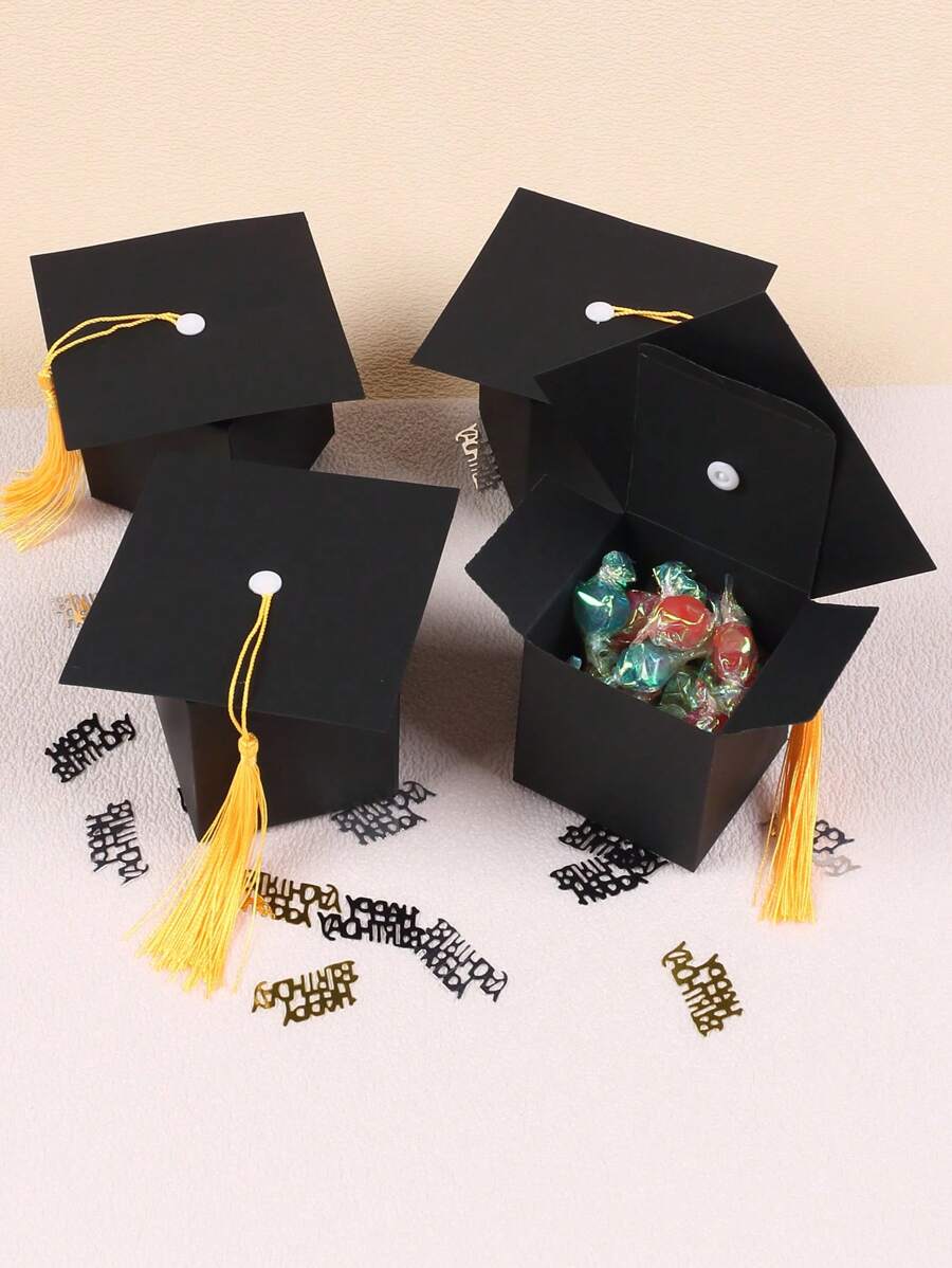 SHEIN 10/20/30/50 chiếc, Hộp quà tặng kẹo mũ tốt nghiệp, Hộp quà tặng sô cô la bánh quy ngọt cho tiệc lễ tốt nghiệp, Đồ trang trí bàn tốt nghiệp với tua rua vàng, Giáng sinh - màu đen - Xem 1
