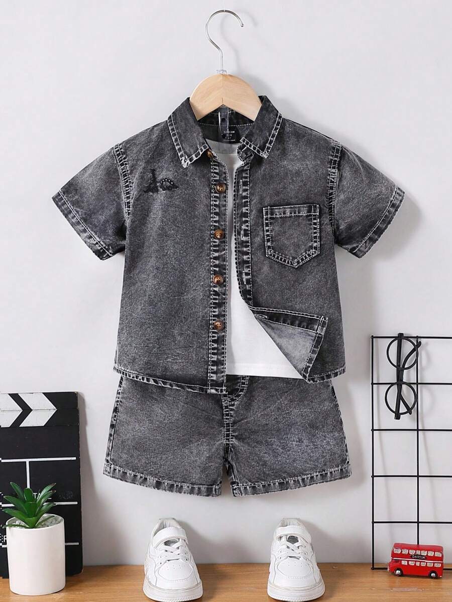 SHEIN Genkimix Kids 男童单排扣短袖衬衫和牛仔短裤休闲两件套 - 深灰色 - 查看 1