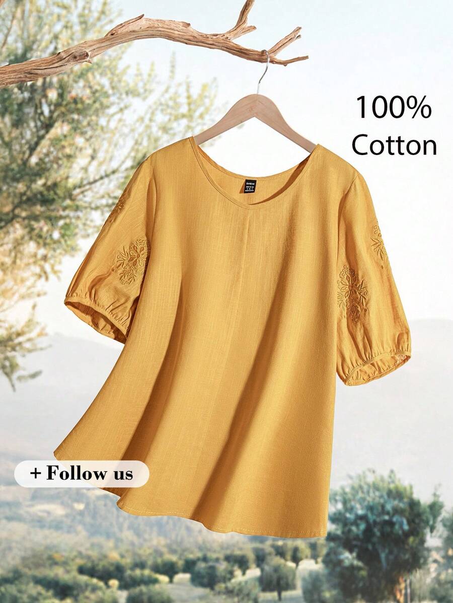 Rusticease Women Vacation Casual Solid Color Embroidery Blouse - Yellow - View 1