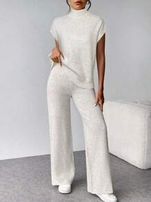 Firerie 两件套女士休闲家居服舒适简约优雅宽松立领短袖针织衫搭配高腰弹力裤，适合夏季、秋季和冬季穿着。 - 杏色 - 查看 8