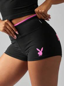 Missguided x Playboy High Waisted Style Fitness Booty Shorts Bottoms - Black - View 5