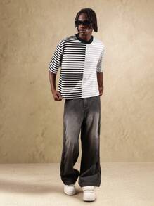 SUMWON T-shirt oversize à manches courtes, col rond, en jersey, avec design de blocs de couleurs et rayures. streetwear et urbaine. Motif fendu, essentiel casual pour toutes les saisons - Multicolore - Voir 4