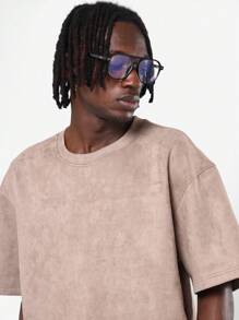 SUMWON Premium Suede Effect Boxy Fit Essential T-Shirt With Crew Neck Short Sleeve Ultra Soft Fabric Casual Streetwear Minimalist Design Modern Basic Fall Collection Plain - Khaki - View 3