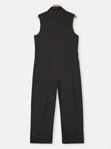 Manfinity Roughcore 男士纯黑色长款连体裤，带口袋和梭织面料，适合商务穿着男士连体裤 - 黑色 - 查看 2