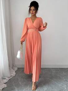 Elenzga 女式重叠 V 领灯笼袖褶边返校优雅婚礼派对礼服，秋冬 - 橘色 - 查看 3