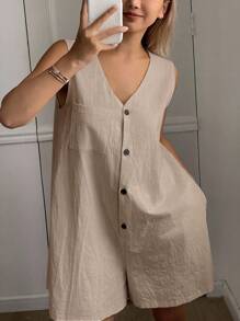 DAZY 简约风格无袖女式连体裤家居服睡衣 - 卡其色 - 查看 3