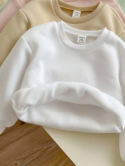 SHEIN 4pcs Baby Girls Solid Color Casual Plush Lined Long Sleeve Sweatshirts,Autumn/Winter Toddler Crew Neck Shirts Fall