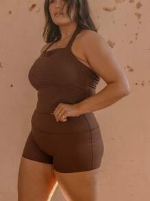 Aralina Curve Leisurewear 罗纹面料挂脖短款运动健身两件套 - 咖啡棕 - 查看 1