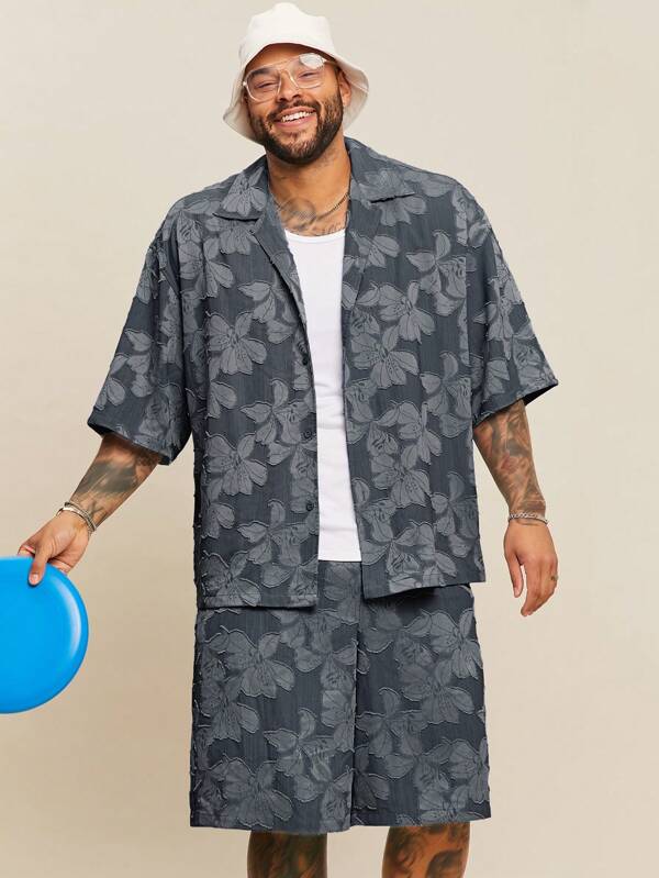 EASEVO Plus Size Men's Denim Effect Cutout Half Sleeve Shirt & Shorts Set, Suitable For Summer