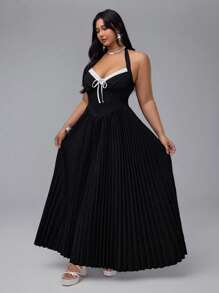 Flirla Plus Size Tie Bow Contrast Color Block Ruched A-Line Elegant Vacation Party Club Little Black Dress - Black - View 3