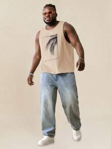 EASEVO Plus Size Men's Casual Gray Knit Coconut Tree Print Tank Top, Suitable For Summer - Coffee Brown - View 4