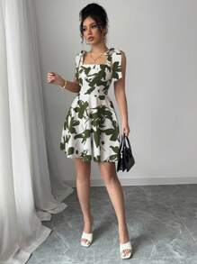 Elenzga 女式休闲时尚全身印花宽肩带束腰宽松吊带连衣裙 - 軍綠色 - 查看 3