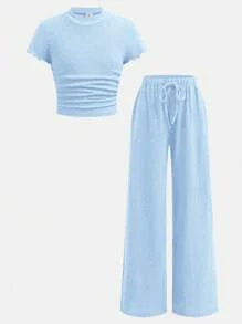 SHEIN 青少年女孩两件套：纯色纹理针织立领修身短袖 T 恤和阔腿裤 - 藍色 - 查看 5