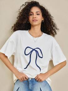 INAWLY Casual Butterfly Print Round Neck Drop Shoulder Women T-Shirt