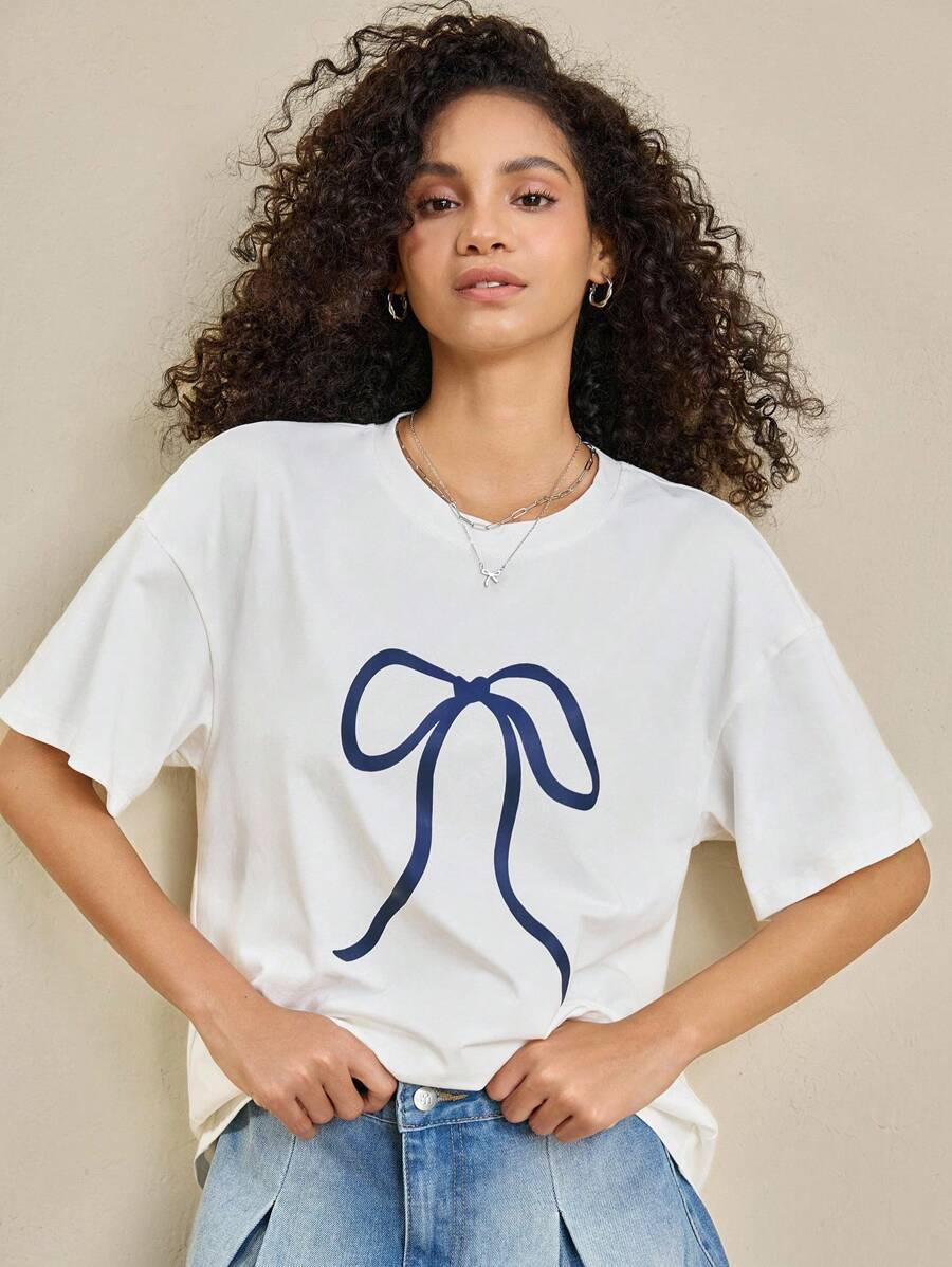 INAWLY Casual Butterfly Print Round Neck Drop Shoulder Women T-Shirt