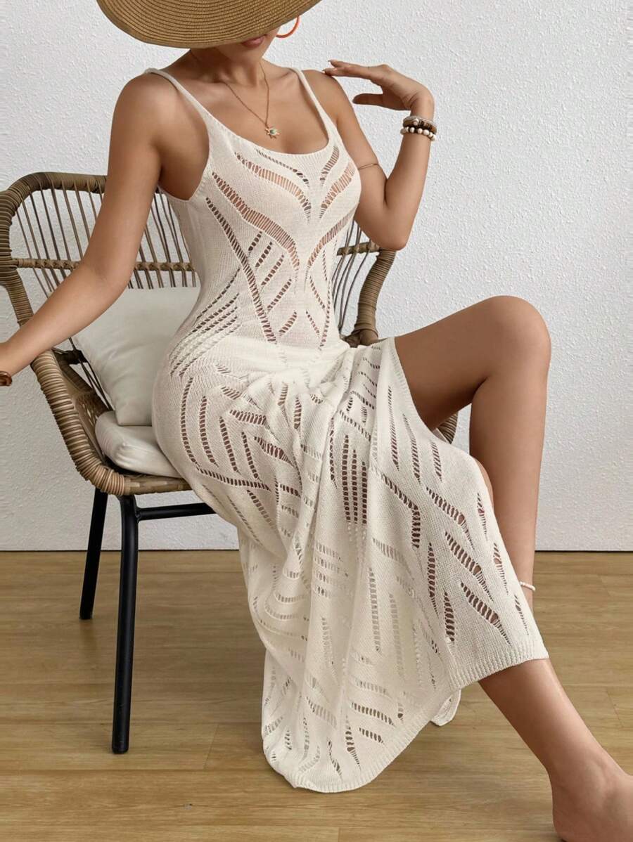 Swim Vcay 全新春假风格纯色欧美度假沙滩罩衫钩针镂空设计女式连衣裙，节日波西米亚风