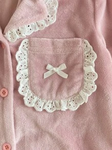 SHEIN Genkimix Kids 2 件年轻女孩简约时尚休闲荷叶边拼接长袖上衣和裤子睡衣套装女童睡衣套装荷叶边睡衣套装粉色睡衣套装返校时尚 - 淡紫色 - 查看 3