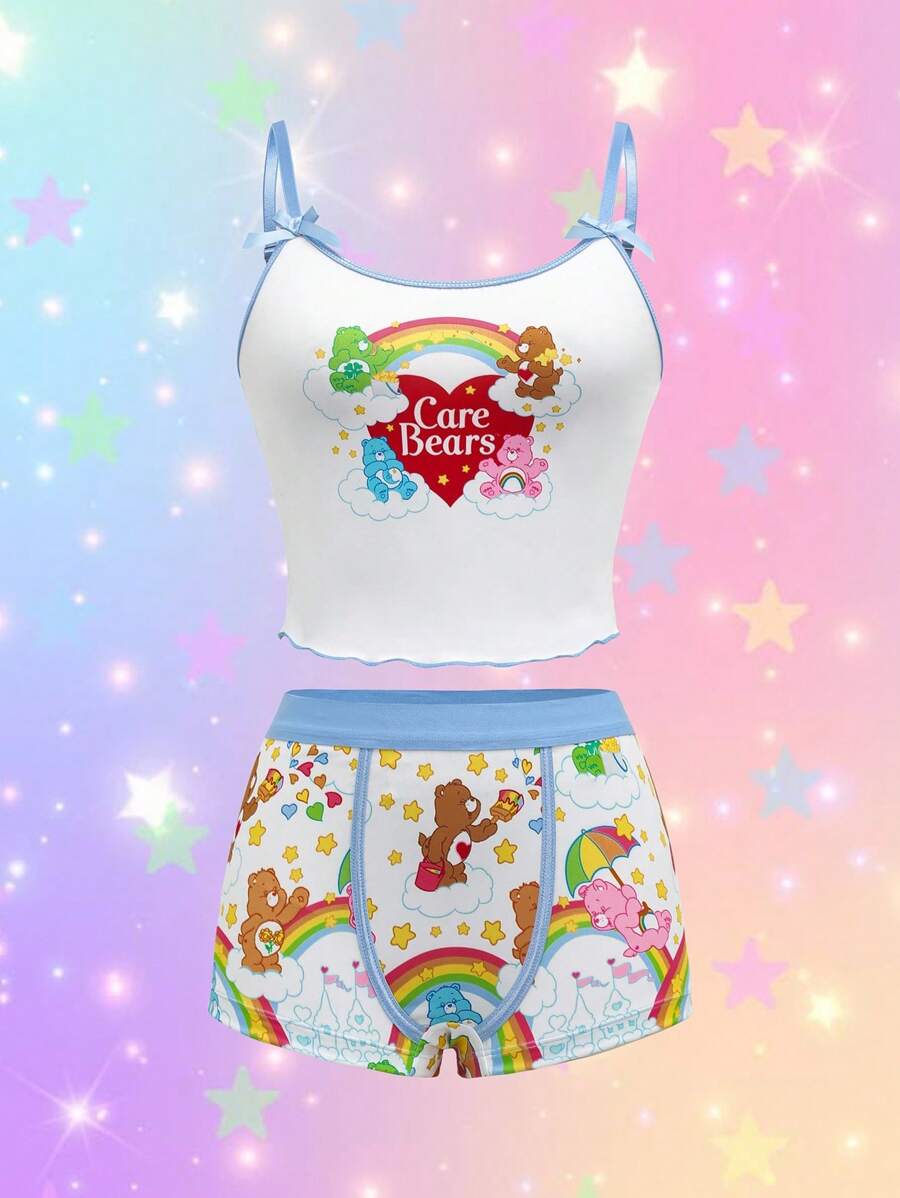 SHEIN X Care Bears 女士字母和卡通熊图案吊带背心和平角裤内衣套装 - 藍色 - 查看 1