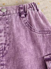 1 Set Teenager Girls Casual Fitted Short Sleeve T-Shirt With 3D Butterfly Wash Denim Patch Embroidery Design & Purple Wash Fitted Denim Cargo Pocket Half Skirt, Simple Stylish Daily Wear