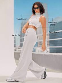 GLOWMODE Top de tirantes sin espalda con cuello alto de encaje, elástico, reflectante y transpirable, de nailon, para baile, yoga, pilates, barre y uso diario casual, de bajo impacto - Gris Claro - Ver 3
